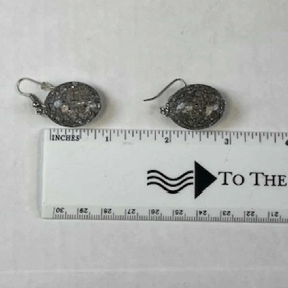 Grey Mosaic Crackle Oval Dangle Earrings Silver Tone‎ Fishhook Drop Earrings